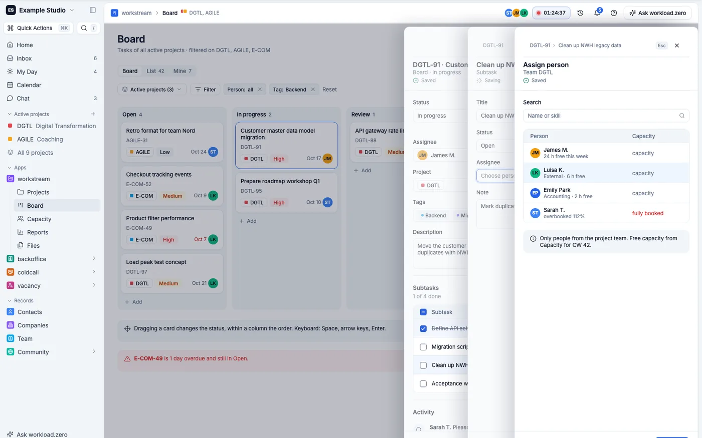 Board-Seite aus dem Prototyp, mit fiktivem Beispielmandanten